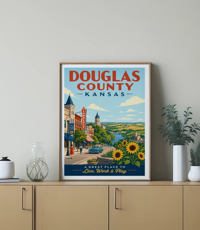 Douglas County, Kansas poster with sunflowers, a car, and text.