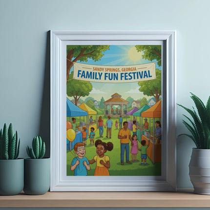 Sandy Springs, Georgia Family Fun Festival event poster with people and tents.