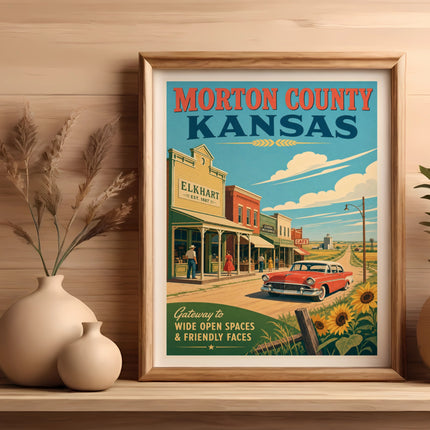 Vintage Morton County Kansas travel poster with red car and sunflowers.