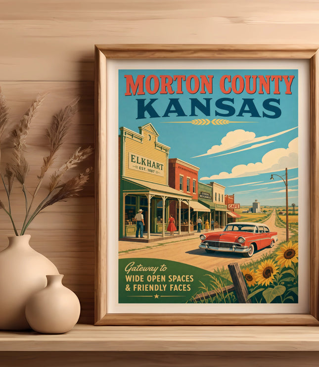 Vintage Morton County Kansas travel poster with red car and sunflowers.