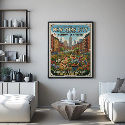 Vintage New York City community garden travel poster with text.