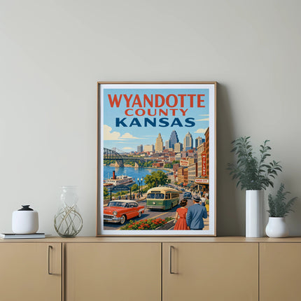 Vintage Wyandotte County Kansas travel poster with downtown skyline and retro cars.