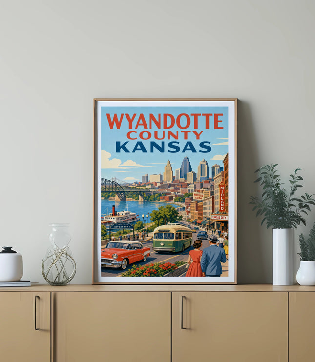 Vintage Wyandotte County Kansas travel poster with downtown skyline and retro cars.