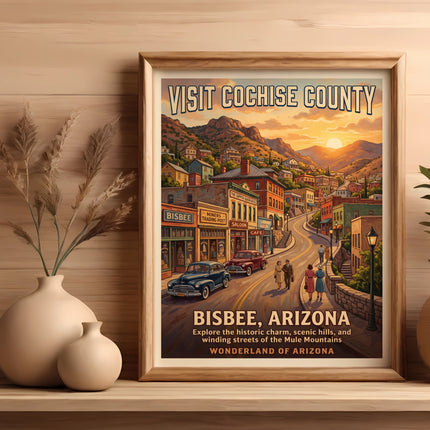 Vintage poster of Bisbee, Arizona, featuring a hilly street scene at sunset.