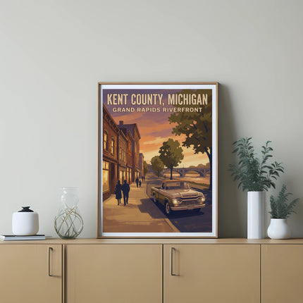 Poster of "Kent County, Michigan Grand Rapids Riverfront" with vintage car and people.