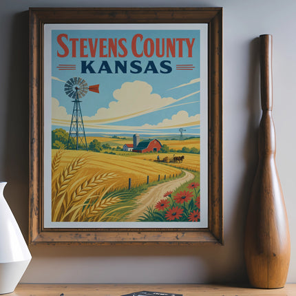 Stevens County Kansas travel poster with windmill and wheat field.