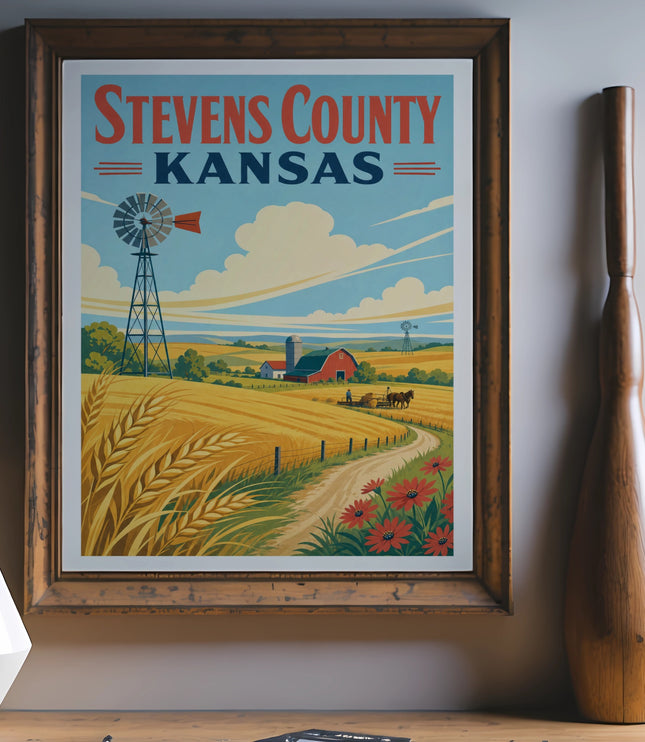 Stevens County Kansas travel poster with windmill and wheat field.