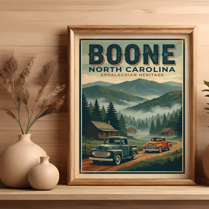 Boone North Carolina Appalachian Heritage poster with vintage trucks and cabins.