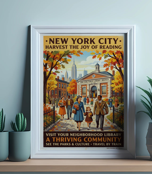 New York City poster with families walking to library during autumn, promoting reading and community.