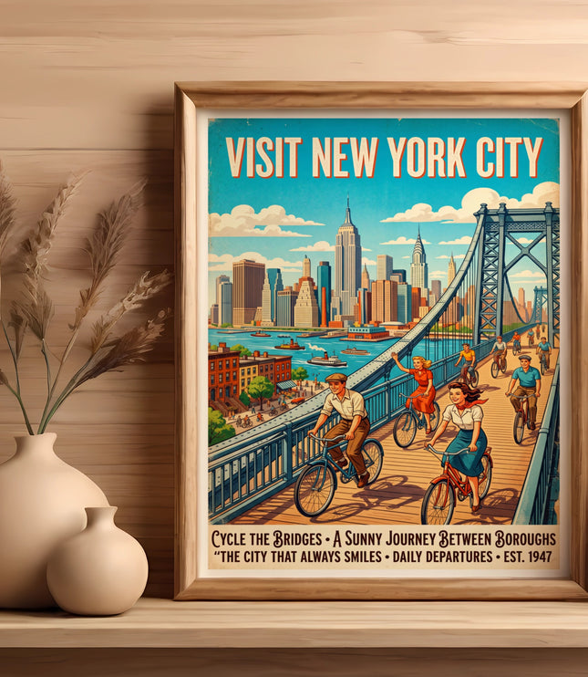 Vintage poster of "Visit New York City" showing people cycling across a bridge.