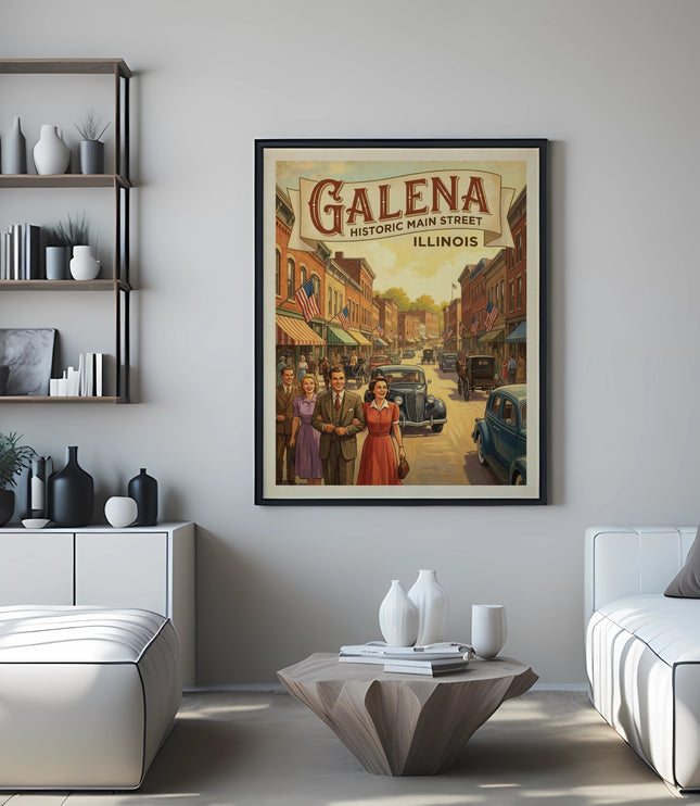 Vintage poster of Galena, Historic Main Street, Illinois, with people and cars.