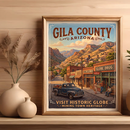 Gila County Arizona poster showing Globe street scene with vintage truck and mining town heritage text.