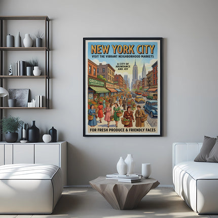New York City vintage travel poster for vibrant neighborhood markets.