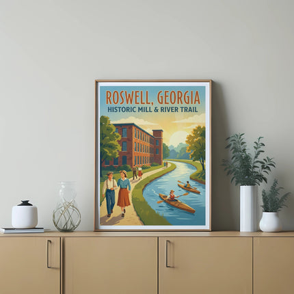Roswell, Georgia historic mill and river trail illustration with people walking and kayaking.