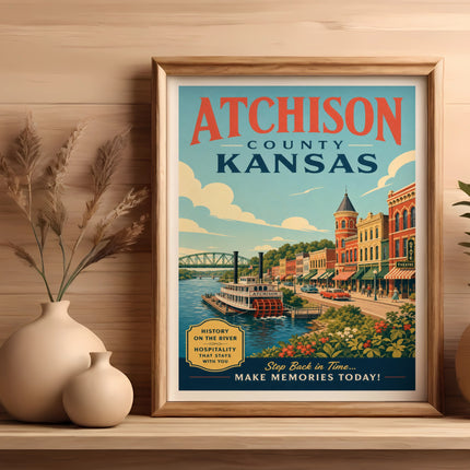 Vintage Atchison County, Kansas travel poster with a riverboat and historic buildings.