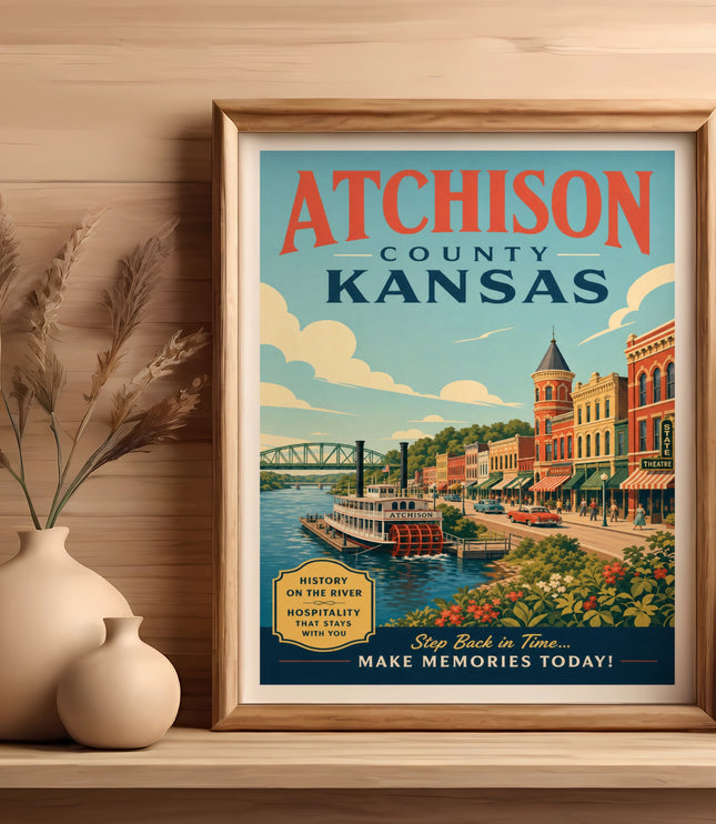 Vintage Atchison County, Kansas travel poster with a riverboat and historic buildings.