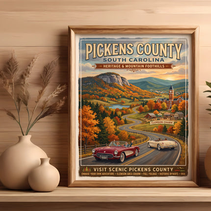 Vintage poster of Pickens County with autumn foliage and vintage convertibles.