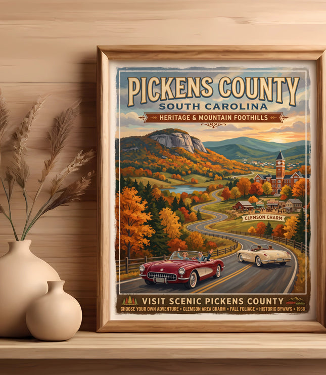 Vintage poster of Pickens County with autumn foliage and vintage convertibles.