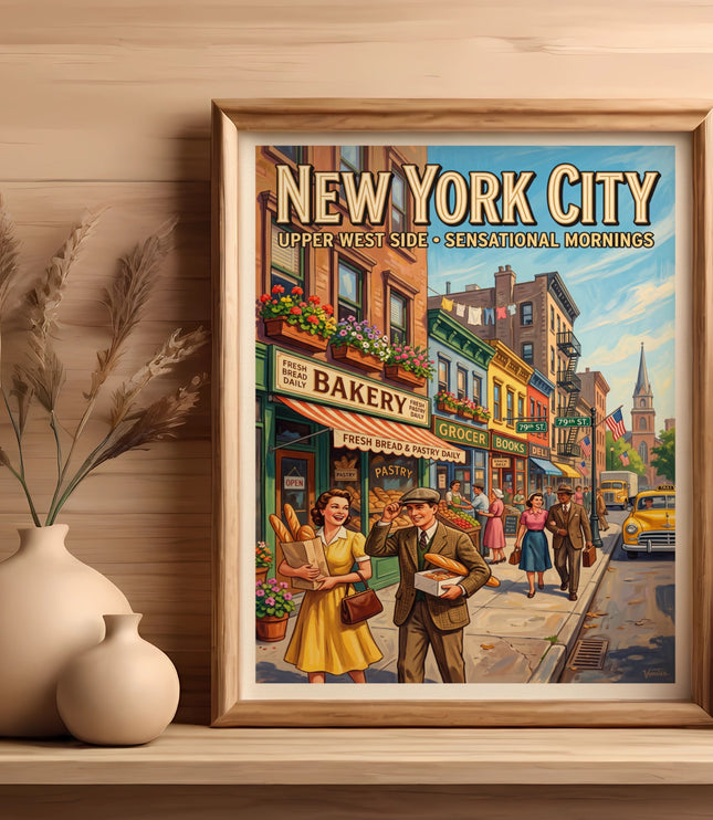 New York City Upper West Side retro poster featuring shops, people, and taxis.