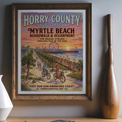Horry County South Carolina Myrtle Beach Boardwalk & Oceanfront vintage travel poster.