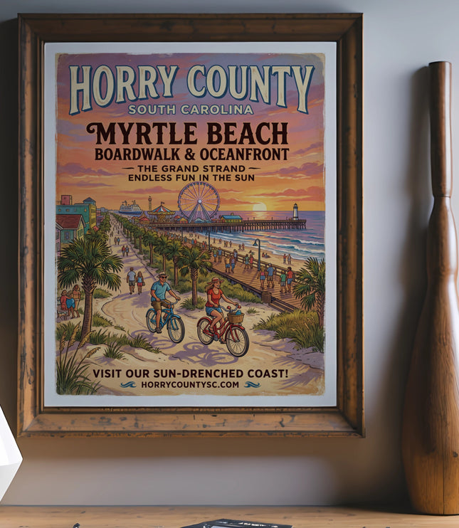 Horry County South Carolina Myrtle Beach Boardwalk & Oceanfront vintage travel poster.