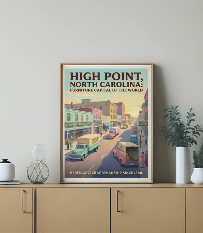 Poster of High Point, North Carolina, Furniture Capital, with vintage trucks and shops.