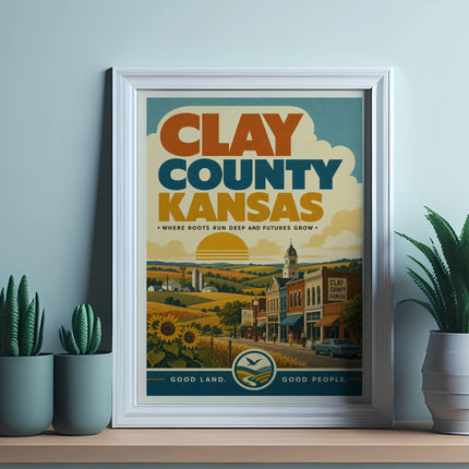 Clay County Kansas vintage travel poster with sun, sunflowers, and town scene.