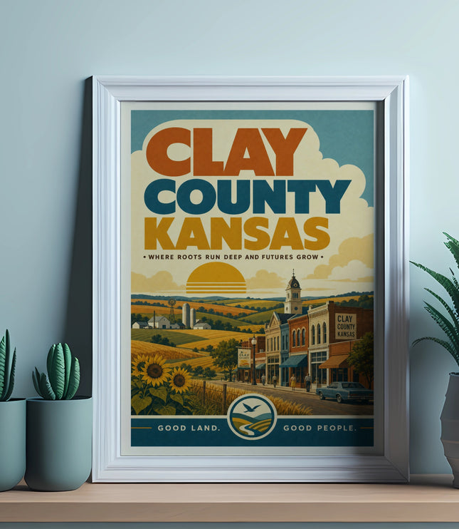Clay County Kansas vintage travel poster with sun, sunflowers, and town scene.