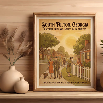 Framed artwork depicting South Fulton, Georgia with text about community and charm.