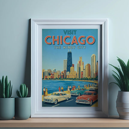 Vintage "Visit Chicago the Windy City" poster with skyline, cars, and people.