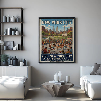 New York City poster with people playing basketball, text "Visit New York City" and "1947".