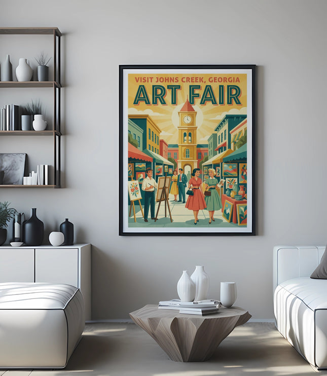 Vintage art fair poster of Johns Creek, Georgia displayed above a sofa.