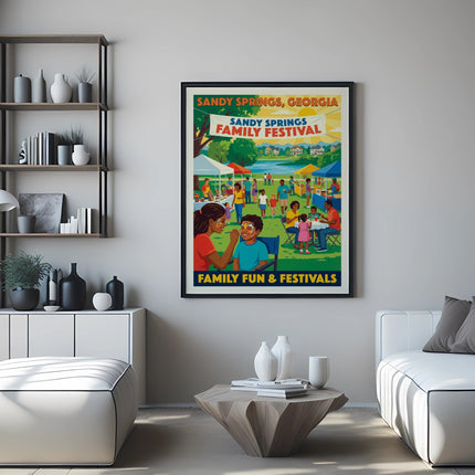 Sandy Springs Family Festival poster featuring people enjoying an outdoor event.