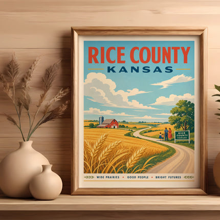 Vintage Rice County, Kansas poster with wheat fields, a road, and a couple.