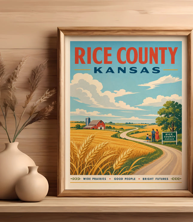 Vintage Rice County, Kansas poster with wheat fields, a road, and a couple.
