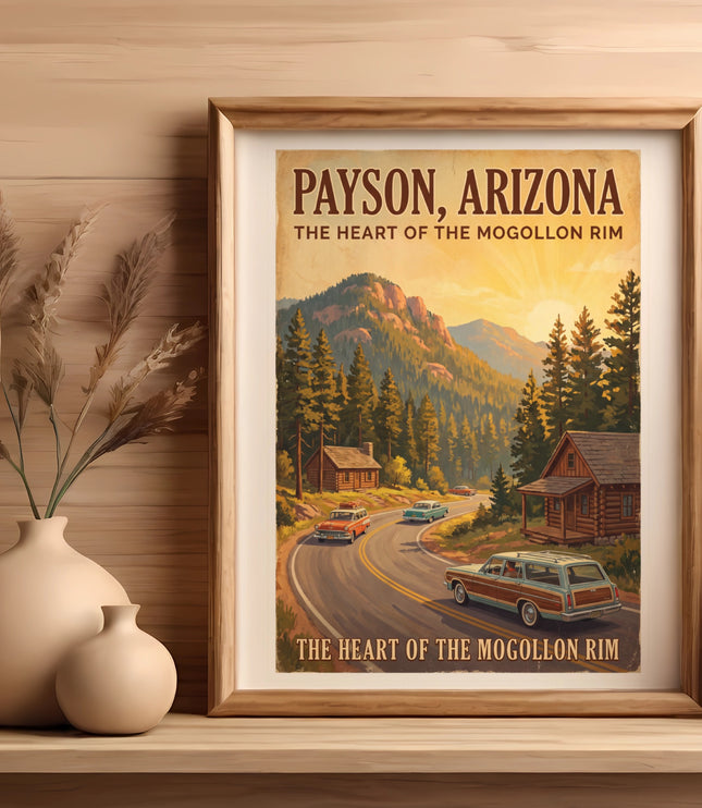 Payson, Arizona poster with retro cars on a winding road near cabins.