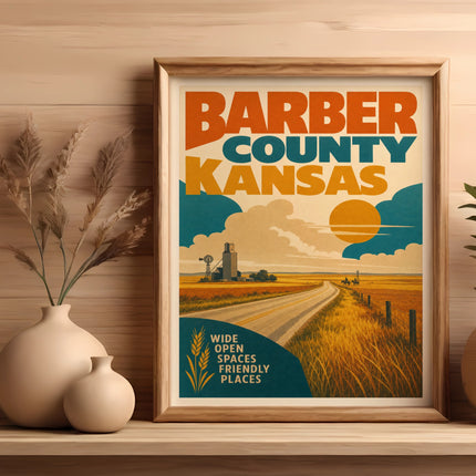 Barber County Kansas poster with sun, windmills, and text.
