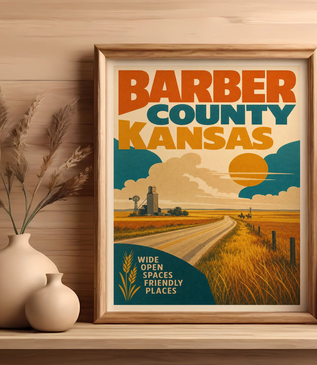 Barber County Kansas poster with sun, windmills, and text.