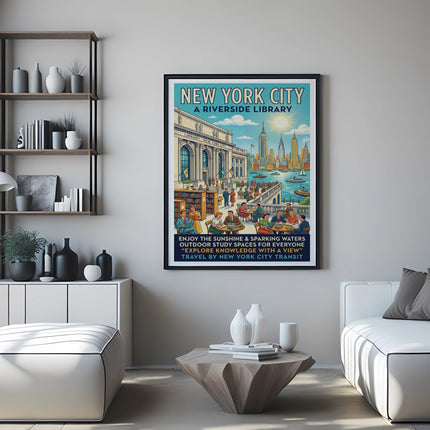 New York City Riverside Library poster showing people studying outdoors.
