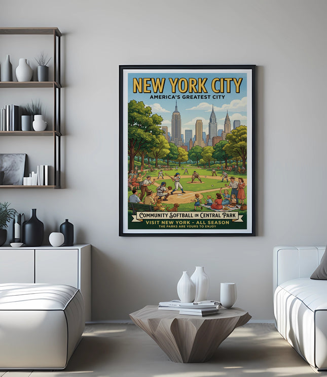 Vintage New York City poster depicts community softball in Central Park with skyline.
