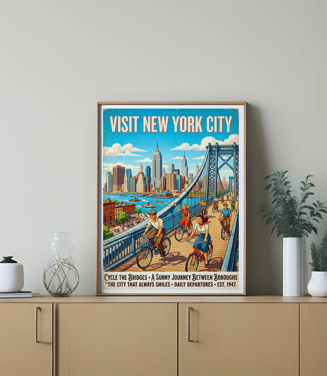 Vintage New York City poster showing people cycling across a bridge with the skyline.