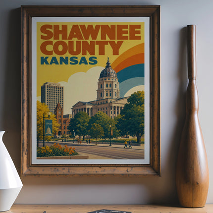 Shawnee County Kansas vintage travel poster featuring the state capitol building.
