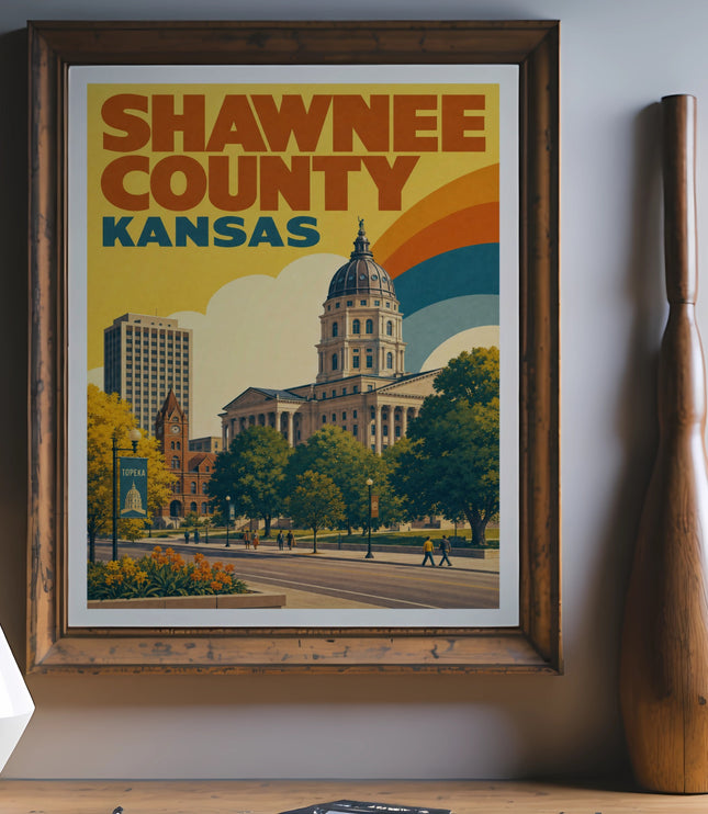 Shawnee County Kansas vintage travel poster featuring the state capitol building.