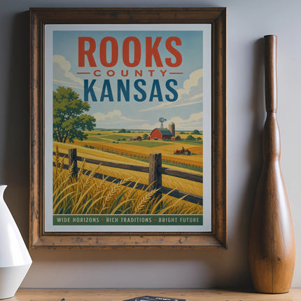 Rooks County Kansas vintage travel poster with farm scene and text.