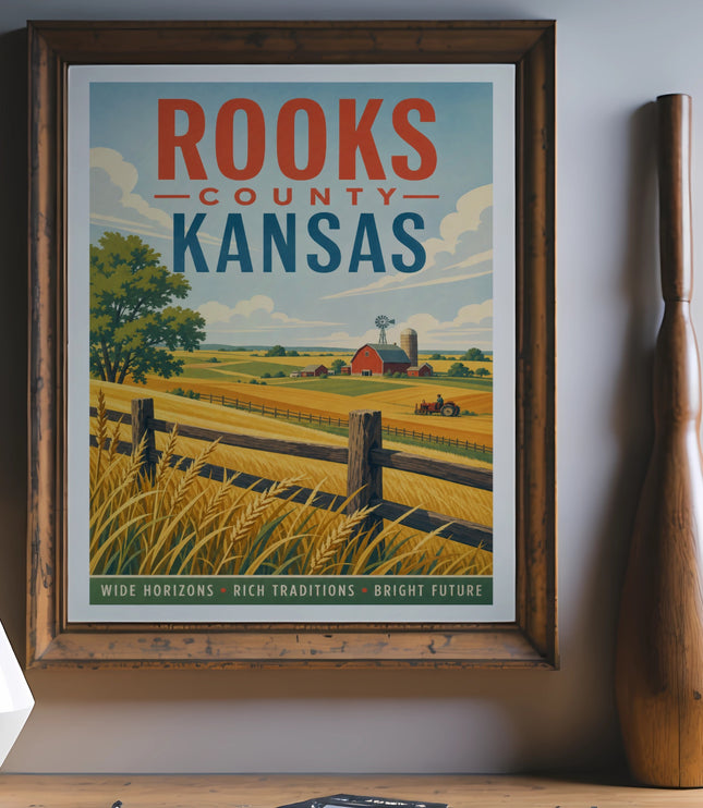 Rooks County Kansas vintage travel poster with farm scene and text.