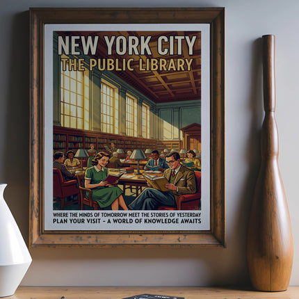 New York City Public Library vintage poster with people reading.