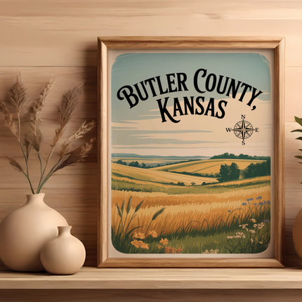 Framed art of Butler County, Kansas, with fields and compass rose.