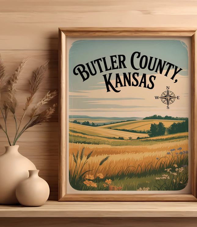 Framed art of Butler County, Kansas, with fields and compass rose.