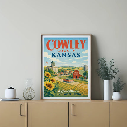 Retro poster of Cowley County, Kansas, with sunflowers and a red car.