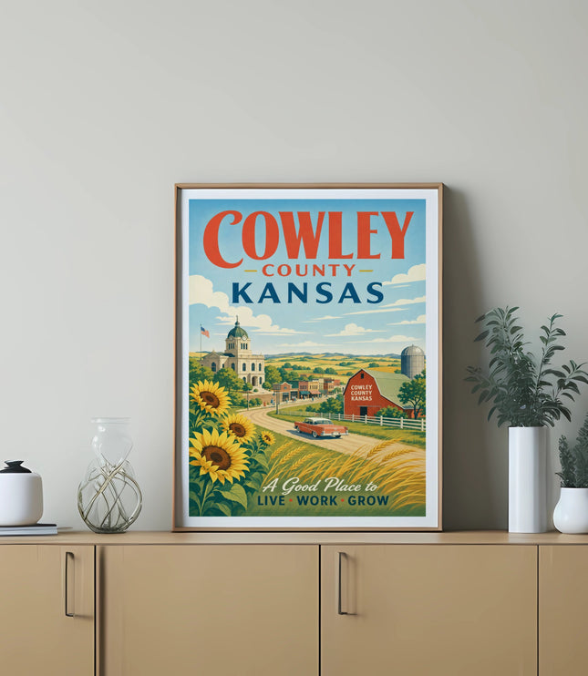 Retro poster of Cowley County, Kansas, with sunflowers and a red car.